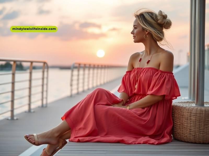 A woman in a red dress sits on a dock, gazing at the sunset over the water, embodying elegance and tranquility.