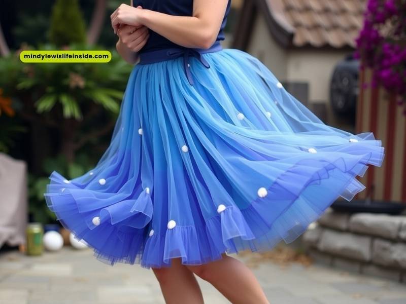 A woman wearing a blue and white tulle skirt, showcasing a stylish outfit idea for a seaside event.
