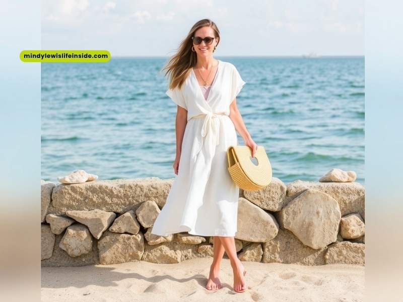 A woman in a white dress and sunglasses stands on the beach, embodying a stylish summer look.