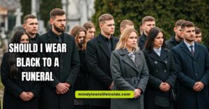 Image of a person contemplating outfit choices for a funeral, with a focus on the question of wearing black attire.