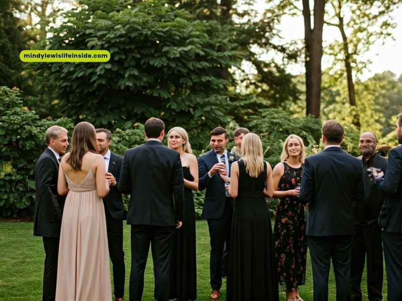 Several individuals in formal clothing gather in a garden, engaged in conversation about appropriate wedding attire.