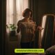 A woman stands in front of a mirror in a bedroom, contemplating whether to wear panties under her pantyhose.