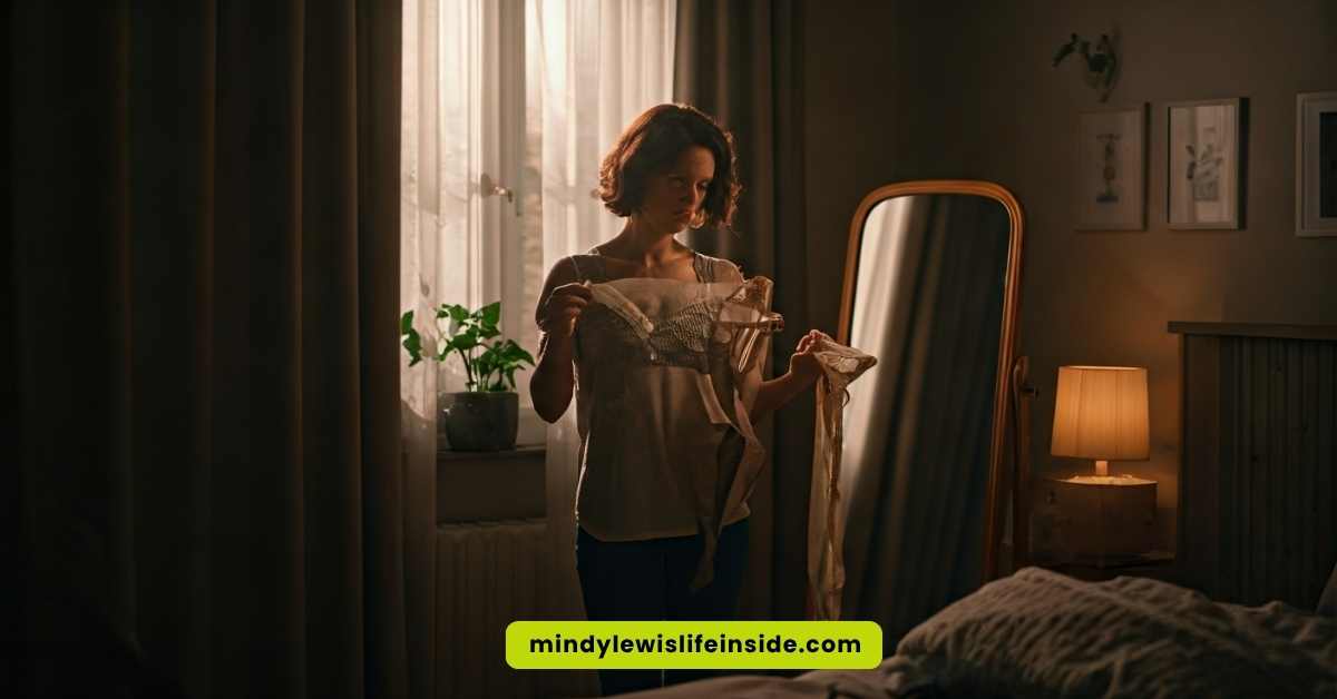 A woman stands in front of a mirror in a bedroom, contemplating whether to wear panties under her pantyhose.
