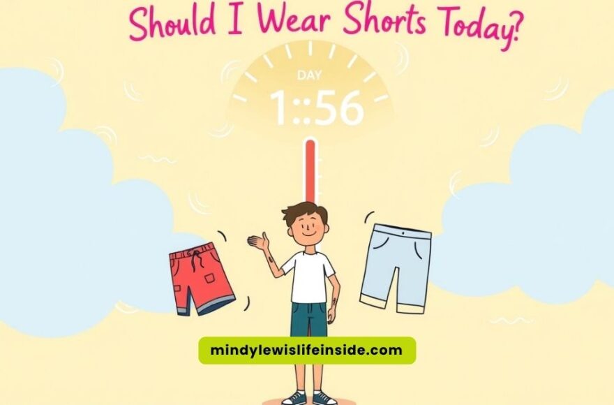 A person contemplating whether to wear shorts today, looking at the weather or their wardrobe.