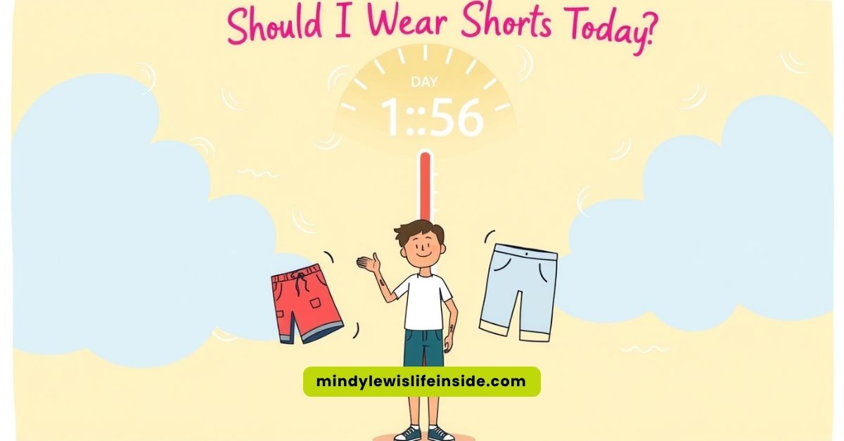 A person contemplating whether to wear shorts today, looking at the weather or their wardrobe.