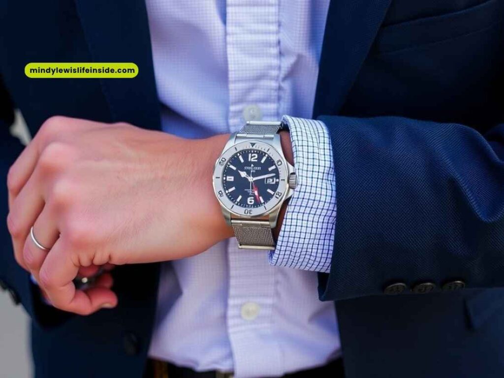 A man in a suit is wearing a watch on his left wrist, contemplating which wrist to wear it on.