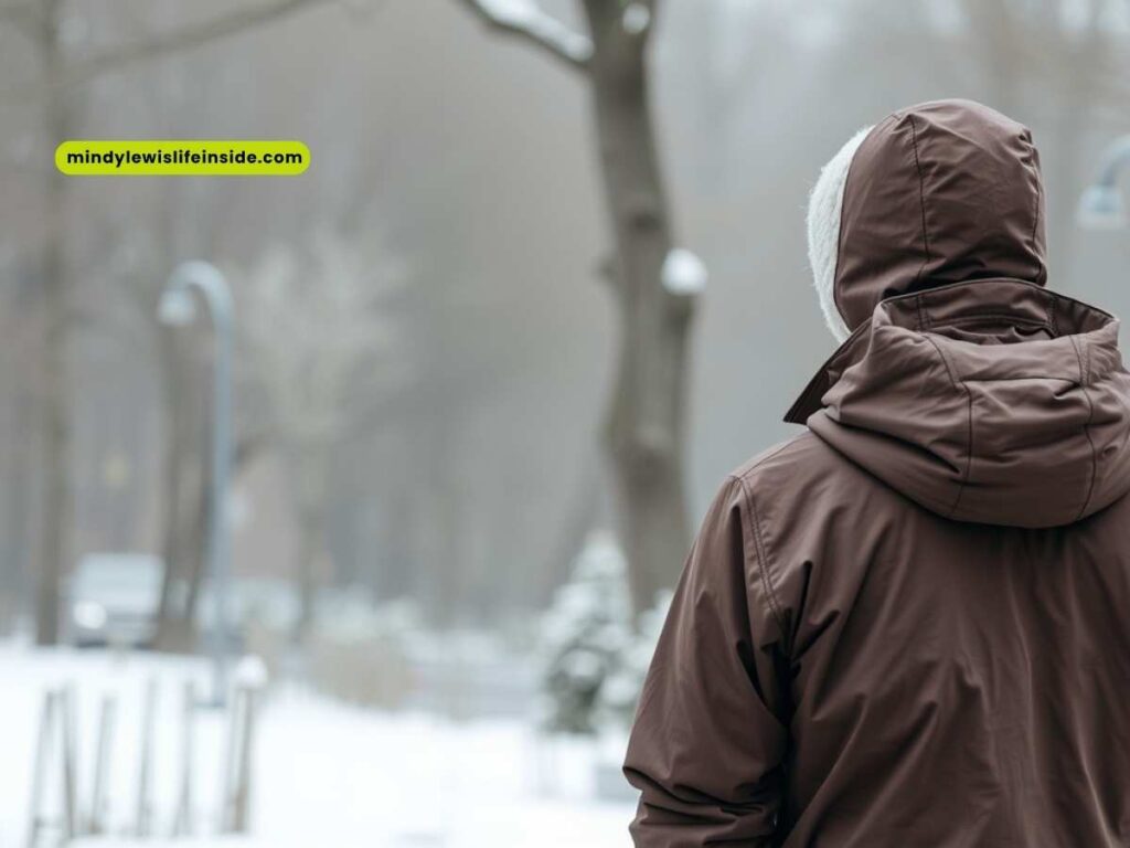 A man wearing a hooded jacket strolls in the snow, considering if he should wear a jacket today.