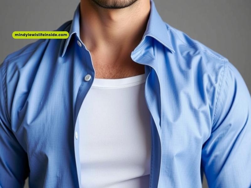 A man wearing a blue shirt over a white undershirt, discussing the topic of wearing undershirts.