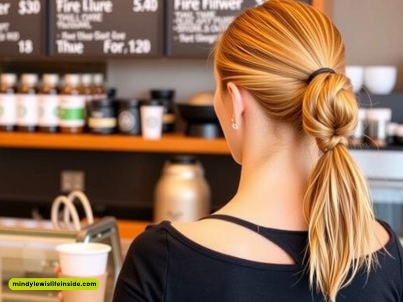 A woman with a ponytail stands in a Starbucks, dressed professionally as a retail worker.