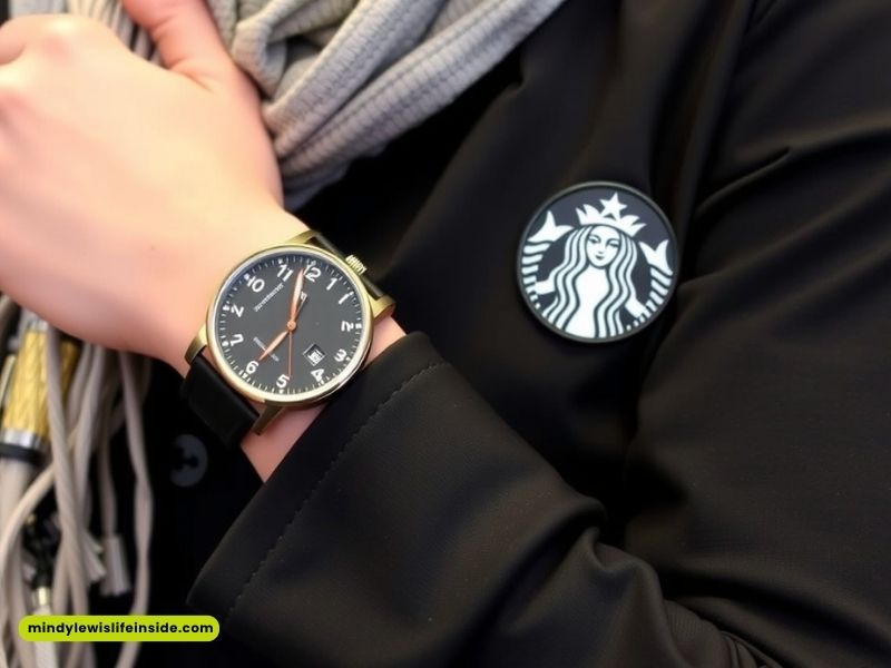 A Starbucks retail worker wearing a stylish watch and scarf, showcasing a professional and fashionable appearance.