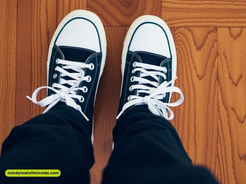 A Starbucks retail worker stands on a wooden floor, wearing black and white sneakers as part of their dress to impress.