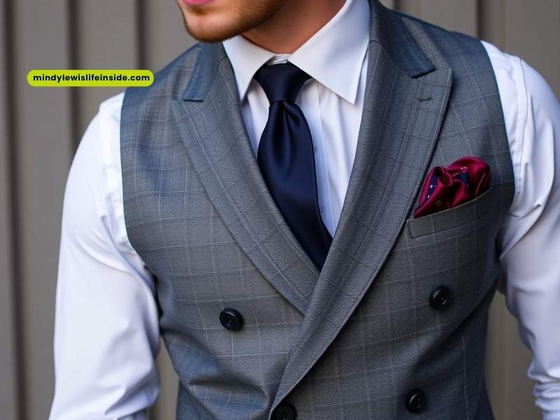 Man in a grey plaid double-breasted vest, white dress shirt, and navy tie, with a red pocket square
