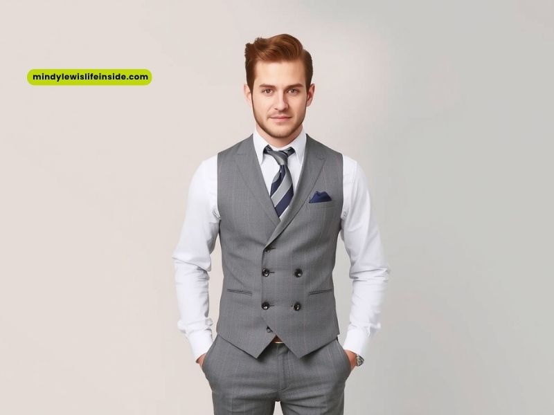 A man in a suit with double breasted vest, white shirt, and striped tie stands with hands in pockets against a plain background.
