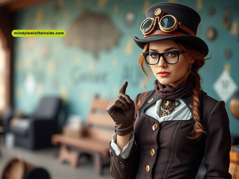 A woman wearing a stylish steampunk outfit, complete with glasses and a decorative hat, embodies a time traveler aesthetic.