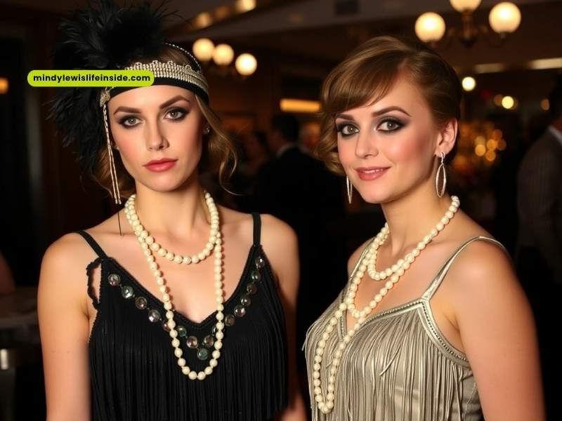Two women adorned with pearls and feathers, elegantly dressed for a party themed "Time Traveler Dress to Impress."