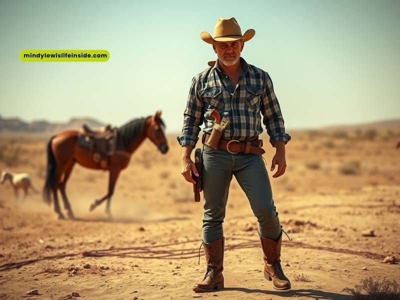 In the desert, a man dressed as a cowboy poses with horses, showcasing a classic western style.
