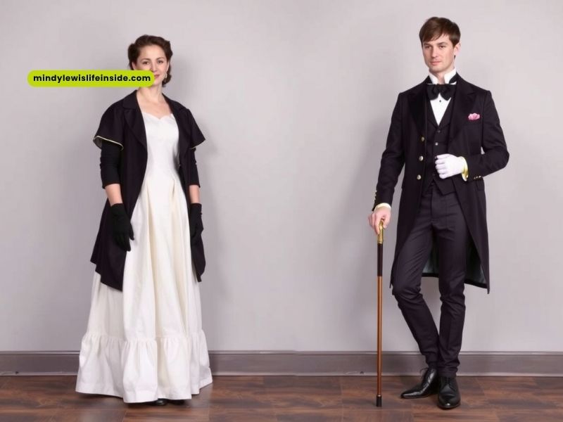 Two individuals in elaborate period costumes stand side by side, showcasing historical fashion for the "Time Traveler Dress to Impress" event.
