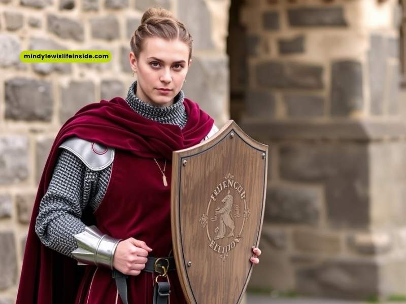 A man dressed in medieval attire stands with a shield, embodying the theme of a time traveler at a costume event.