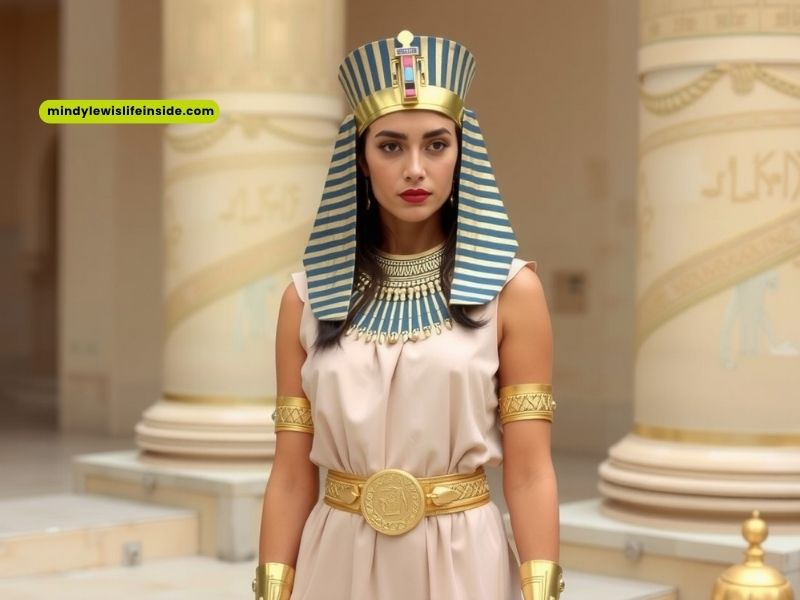 Regal Egyptian queen attire with a detailed dress, ornate jewelry, and a majestic crown, perfect for themed events.
