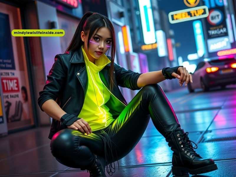 A woman dressed in neon green and black leather pants sits on the street, showcasing a striking and modern look.