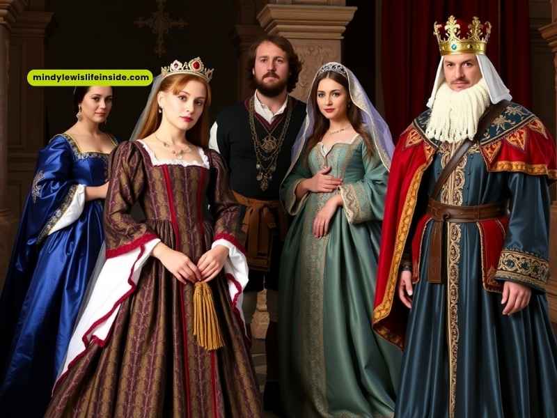 Guests in medieval costumes gather at a themed party, showcasing vibrant attire and historical accessories.