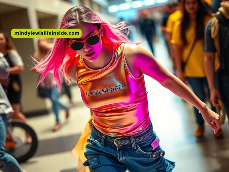 A woman with pink hair strolls through an airport, dressed in a fashionable Y3K outfit.