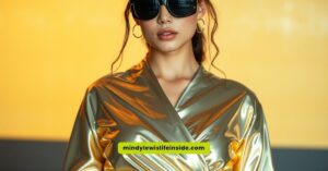 A woman in a chic gold dress and sunglasses, embodying the essence of trendy Y3K outfits.