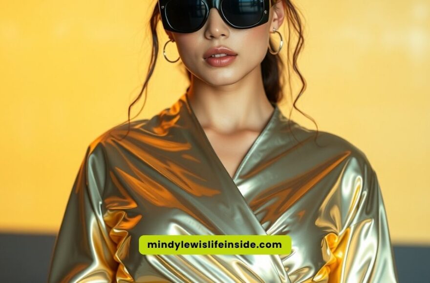 A woman in a chic gold dress and sunglasses, embodying the essence of trendy Y3K outfits.