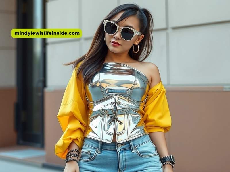A woman models a shiny top paired with jeans, representing a stylish Y3K outfit.