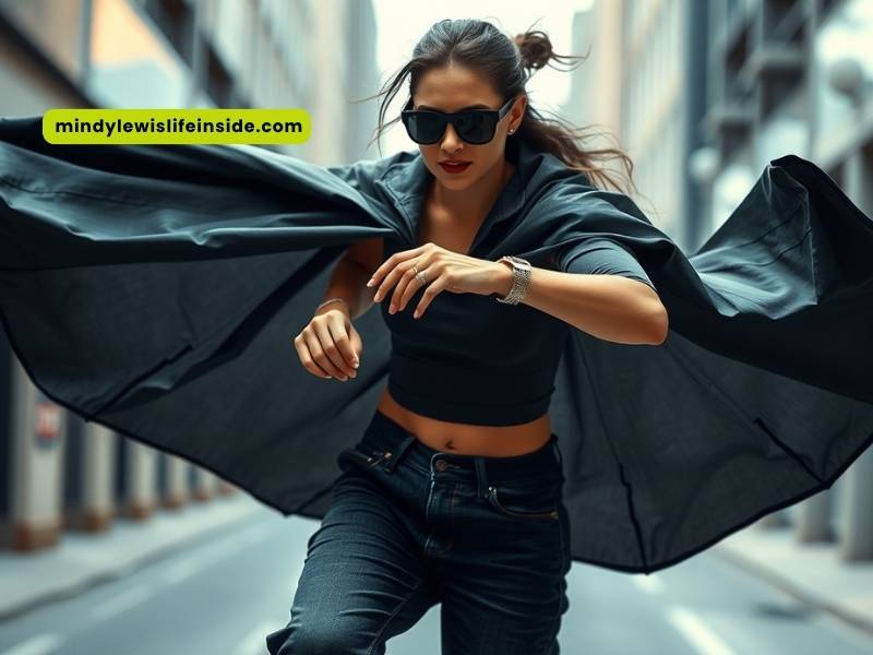 A woman in a black top and sunglasses runs down the street, showcasing a trendy Y3K outfit.