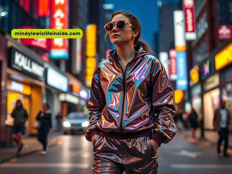 A woman wearing a shiny metallic jacket and sunglasses stands confidently on a city street, showcasing trendy Y3K outfits.