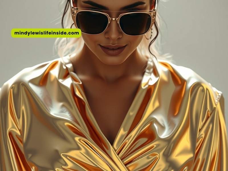 A fashionable woman in a gold dress and sunglasses, representing the Y3K outfit trend.