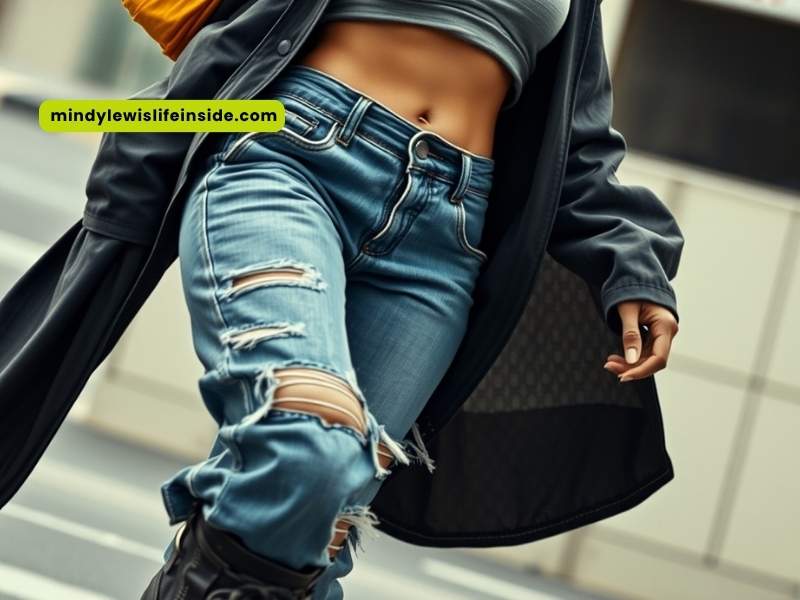A woman wearing trendy ripped jeans and a stylish jacket, showcasing a Y3K outfit.