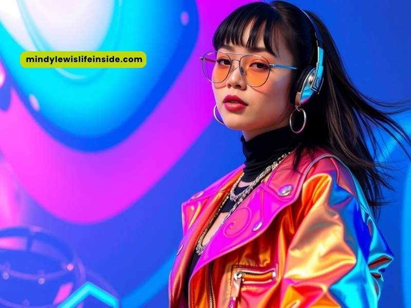 A stylish woman with glasses models a colorful jacket, representing the trendy Y3K fashion style.