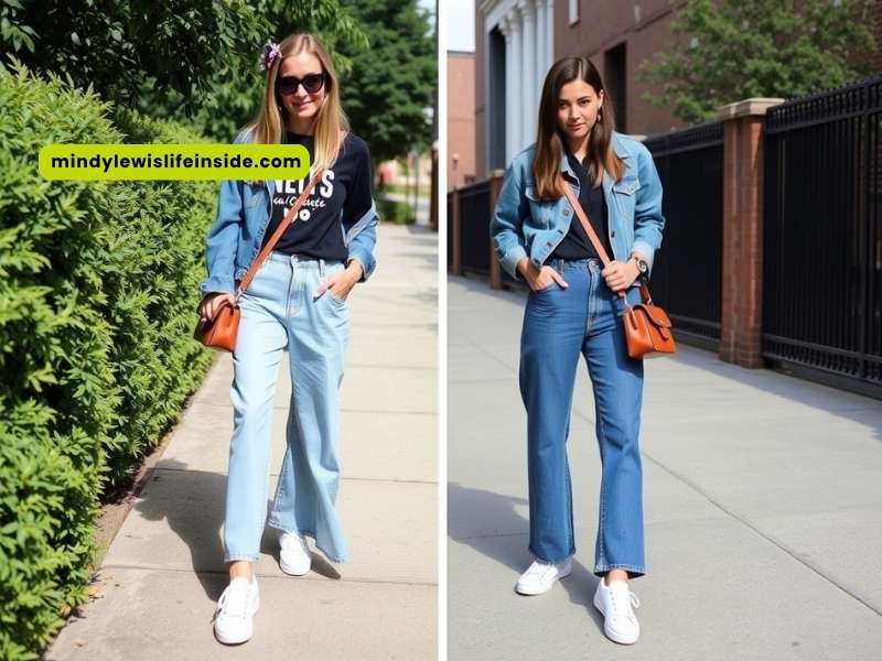 A woman wearing jeans and a bag is shown in two pictures, highlighting her fashionable look and accessories.