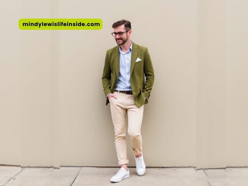 A man in a olive green blazer and white shoes stands out, reflecting a chic and contemporary style choice.