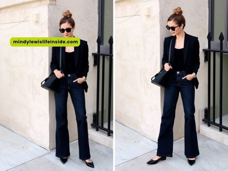 A woman dressed in a black blazer and jeans poses, blending casual and formal fashion effortlessly.