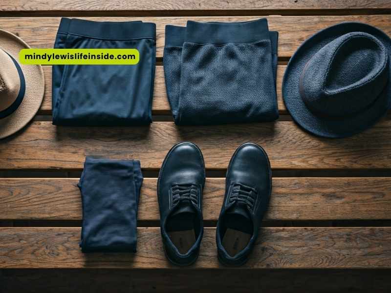A hat, shoes, and pants displayed on a wooden table, suggesting a casual outfit for men.