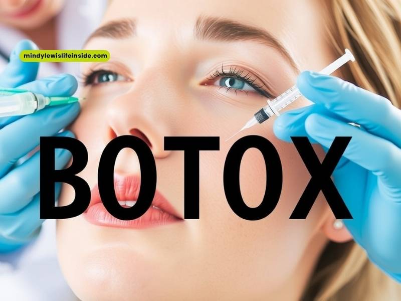 A woman receiving Botox injections in her face, focusing on her forehead and around her eyes.