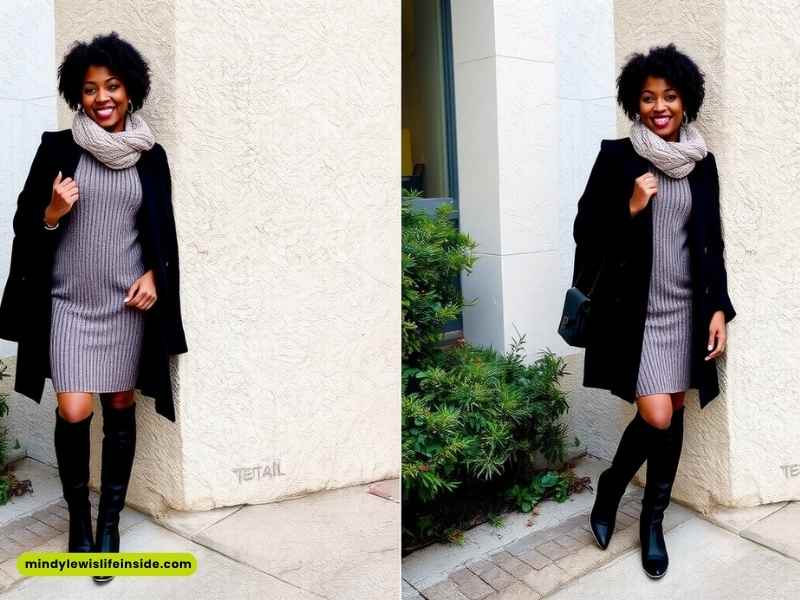 Two photos of a Black woman in winter attire, featuring a dress and a coat, highlighting seasonal fashion.