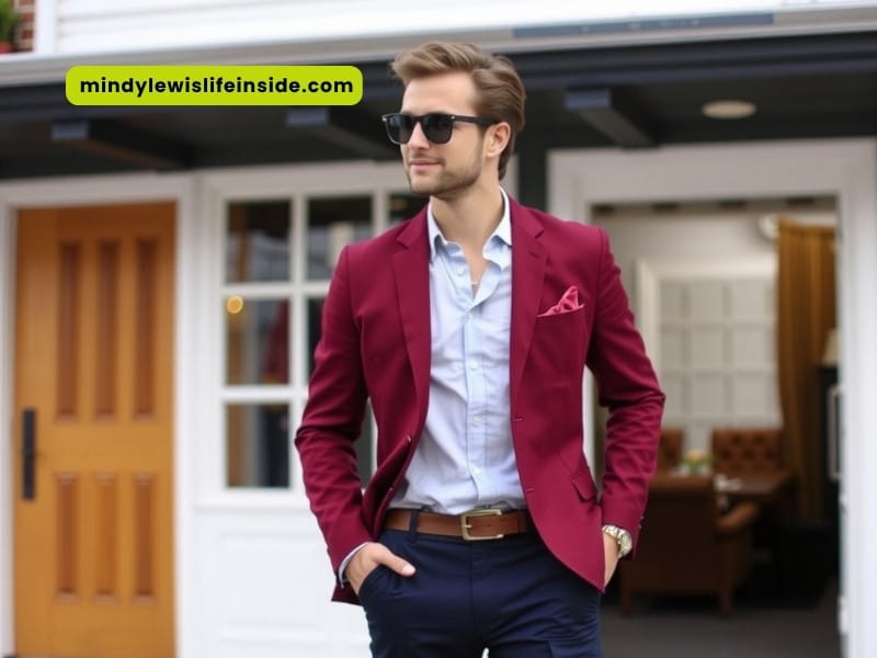A man wearing a burgundy suit and sunglasses stands confidently, showcasing a stylish and bold fashion choice.