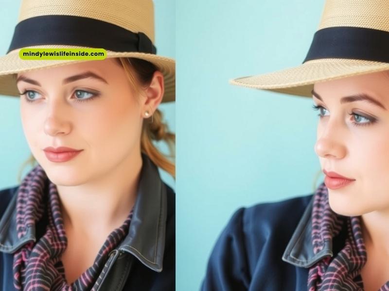 Two images of a woman wearing a stylish hat, exploring the topic of wearing hats after Botox treatments.