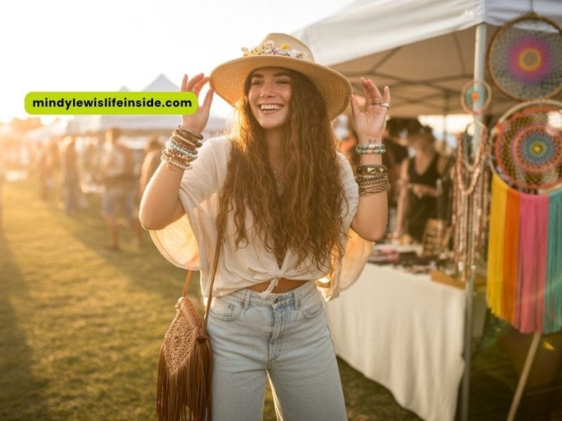 At a festival, a woman in a hat and jeans smiles and takes in the fun around her.