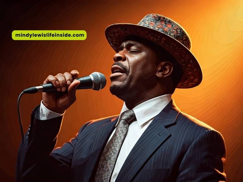 A suited man wearing a hat, singing into a microphone, showcasing his musical talent on stage.