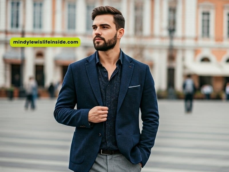 A man in a suit stands confidently in the center of a bustling city, surrounded by tall buildings and busy streets.