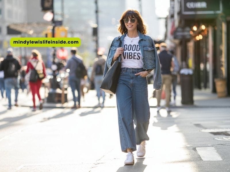 A woman strolls along the street, dressed in a denim jacket and jeans, looking relaxed and casual.