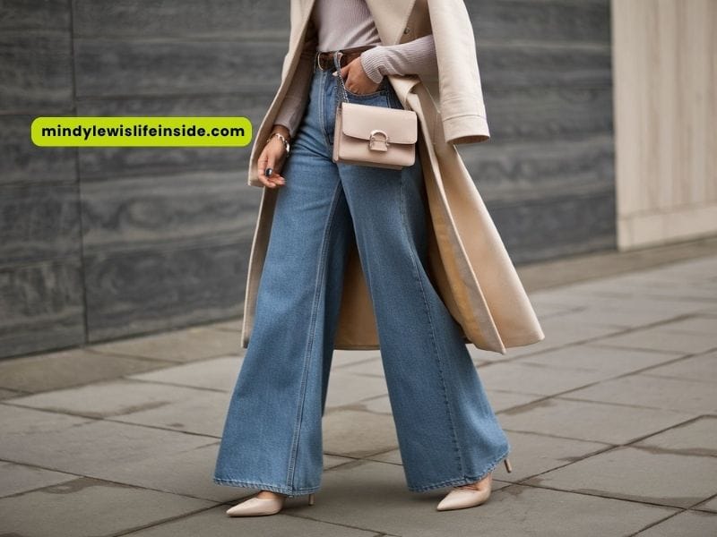 A woman in wide leg jeans and a stylish coat stands confidently, showcasing her trendy outfit.