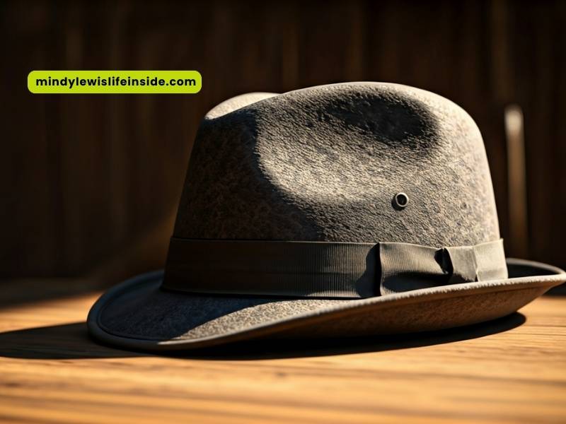 A pork pie hat resting on a table, illuminated by a soft light, highlighting its unique shape and texture.