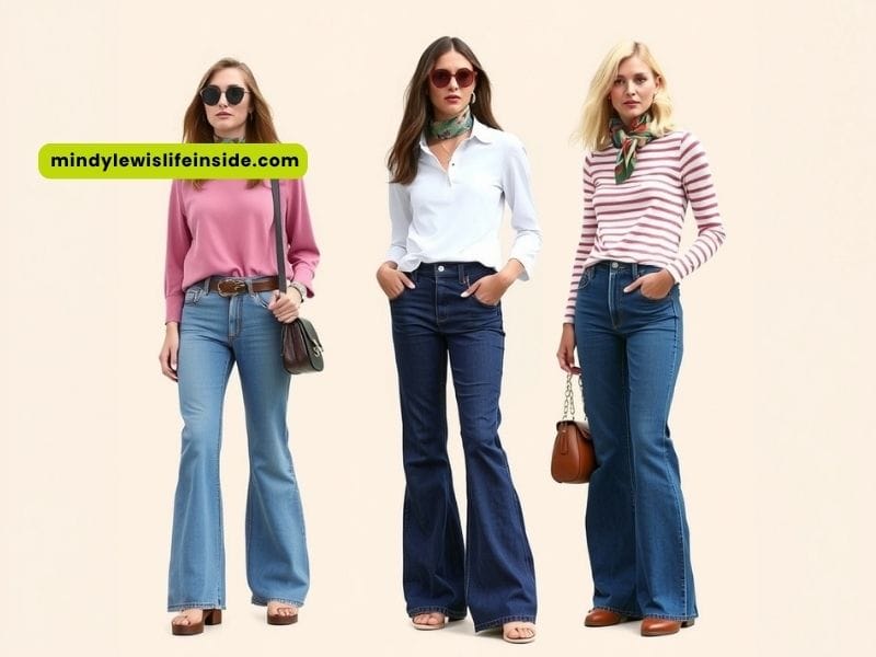 Three friends dressed in bell bottoms and white shirts, laughing and having a good time outdoors.