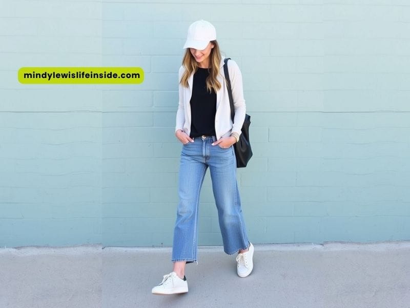 A woman in jeans and a hat stands confidently, showcasing her casual style.